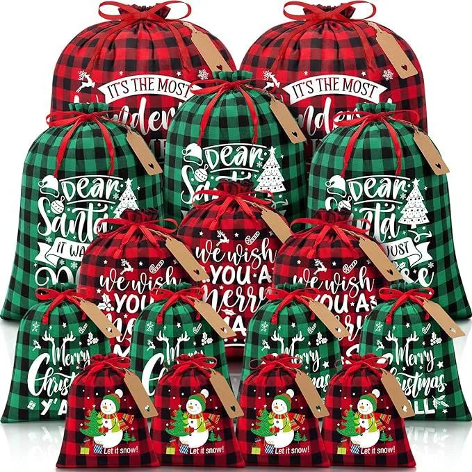 Green grid Christmas Gift Drawstring Bags Set - Festive