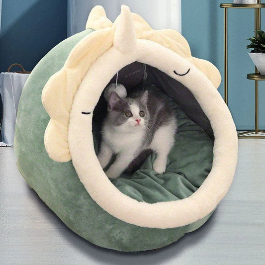 Green Half-Enclosed Cat Bed - Soft Short Velvet Fabric