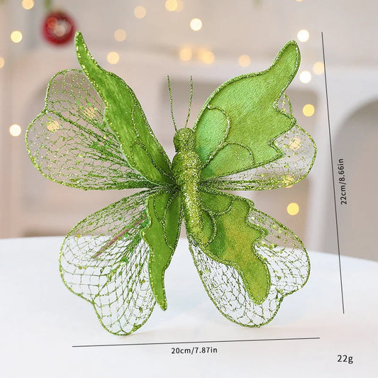 Green Large Glitter Butterfly Christmas Ornaments (Set