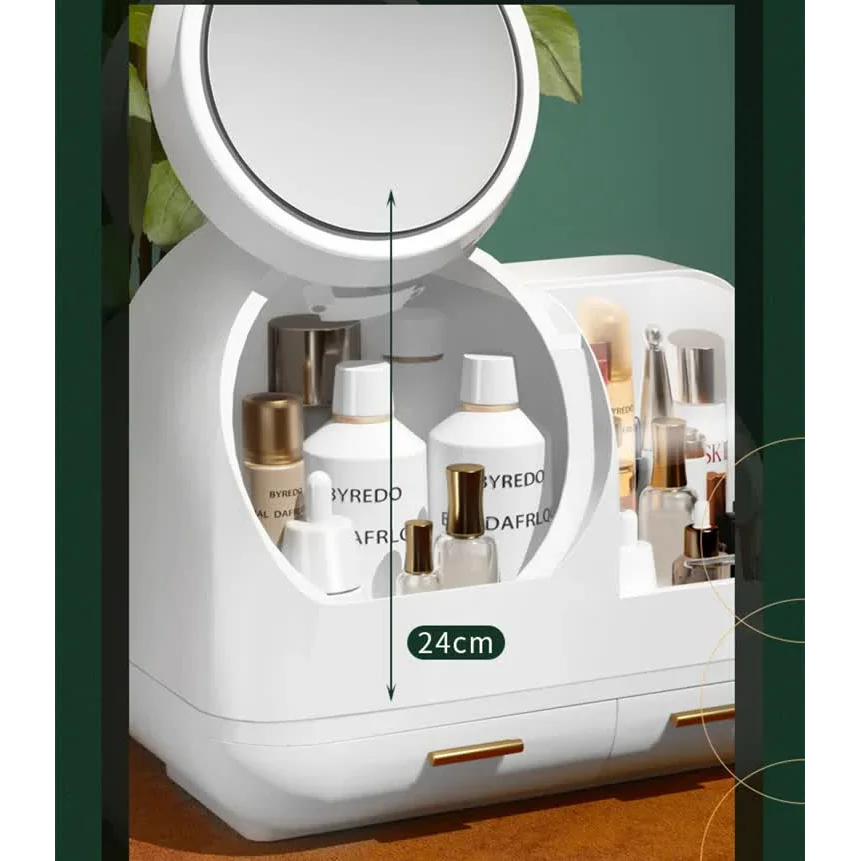 Green LED Vanity Makeup Organizer with Partition Storage