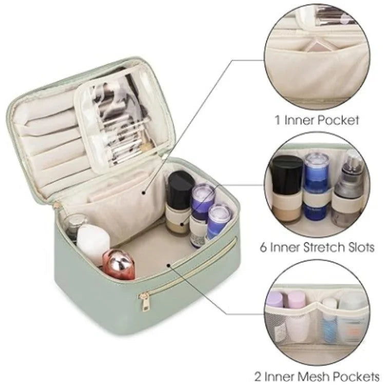 Green PU Leather Large Capacity Makeup Bag - Waterproof &