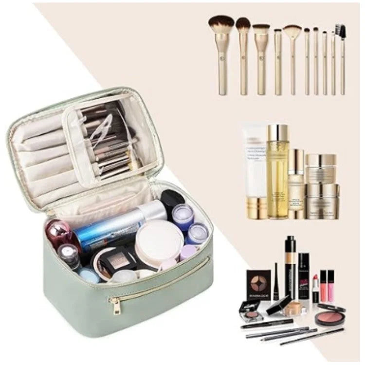 Green PU Leather Large Capacity Makeup Bag - Waterproof &