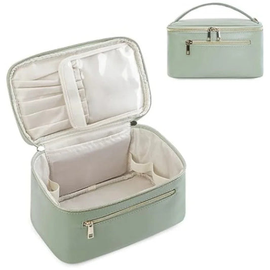 Green PU Leather Large Capacity Makeup Bag - Waterproof &