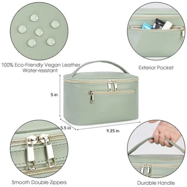 Green PU Leather Large Capacity Makeup Bag - Waterproof &
