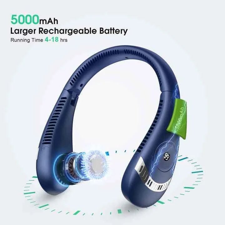 Green Rechargeable 5000mAh Portable Neck Fan with 3-Speed