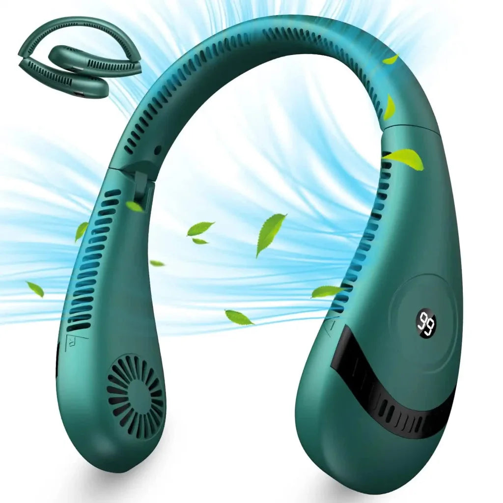 Green Rechargeable 5000mAh Portable Neck Fan with 3-Speed