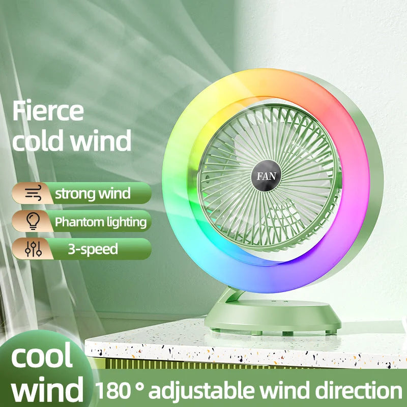 Green RGB Desktop Fan - USB Rechargeable 3-Speed 180°