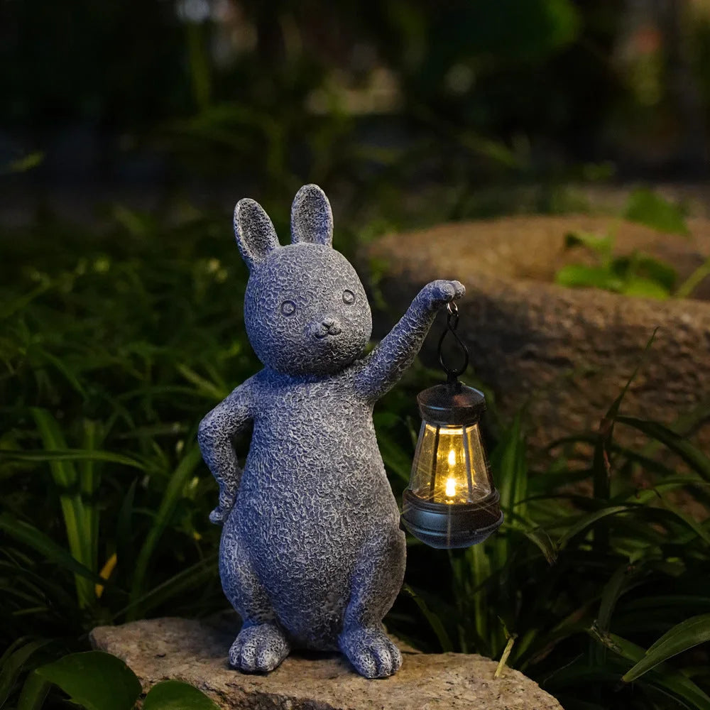 Green Solar-Powered Rabbit Statue with LED Lantern - Cute