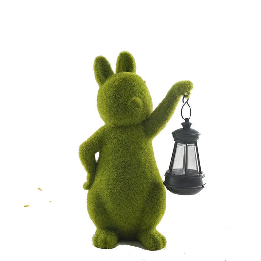 Green Solar-Powered Rabbit Statue with LED Lantern - Cute