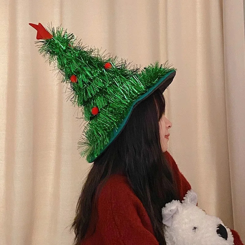 Green Sparkly Tinsel Christmas Tree Hat - Festive Holiday