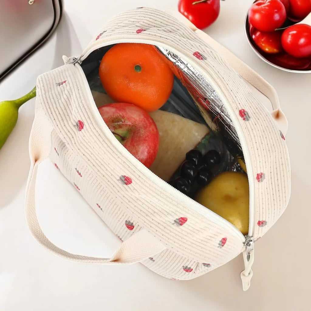 Green Strawberry Pattern Corduroy Lunch Bag - Insulated