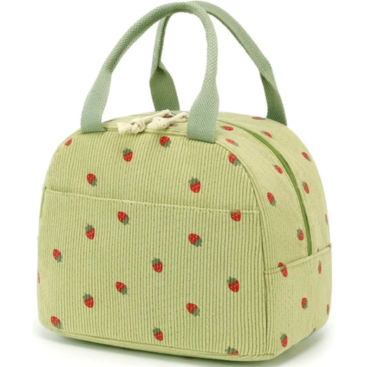 Green Strawberry Pattern Corduroy Lunch Bag - Insulated