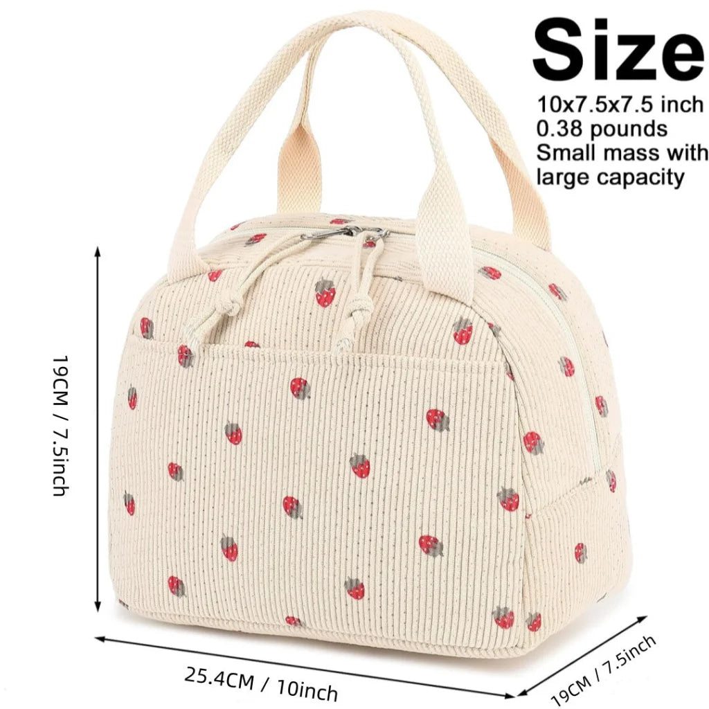Green Strawberry Pattern Corduroy Lunch Bag - Insulated