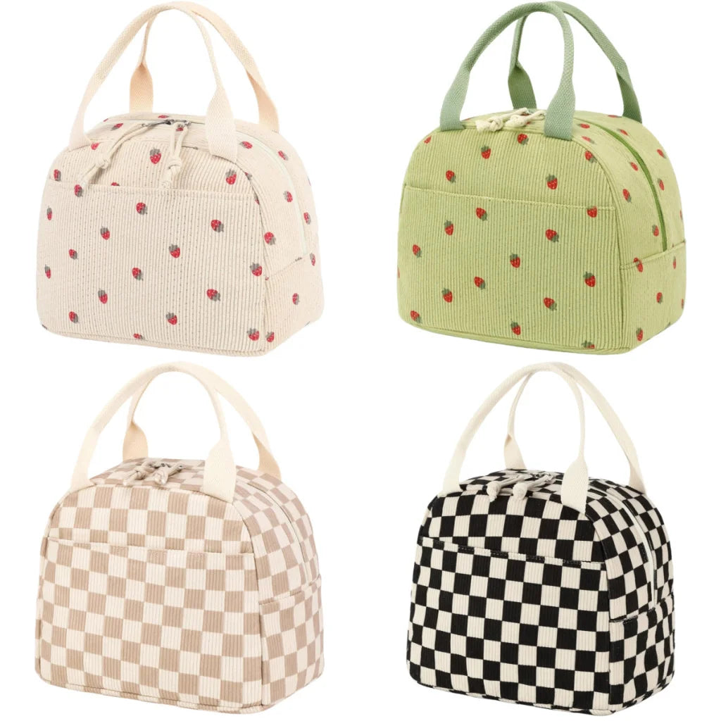 Green Strawberry Pattern Corduroy Lunch Bag - Insulated