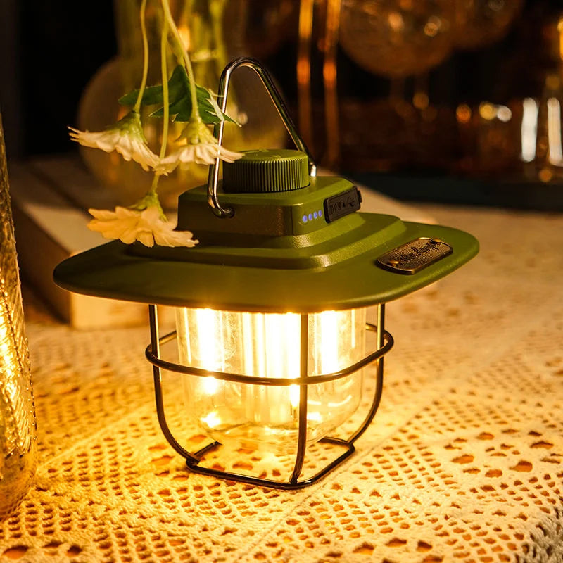 Green Vintage LED Camping Lantern - Rechargeable Stepless