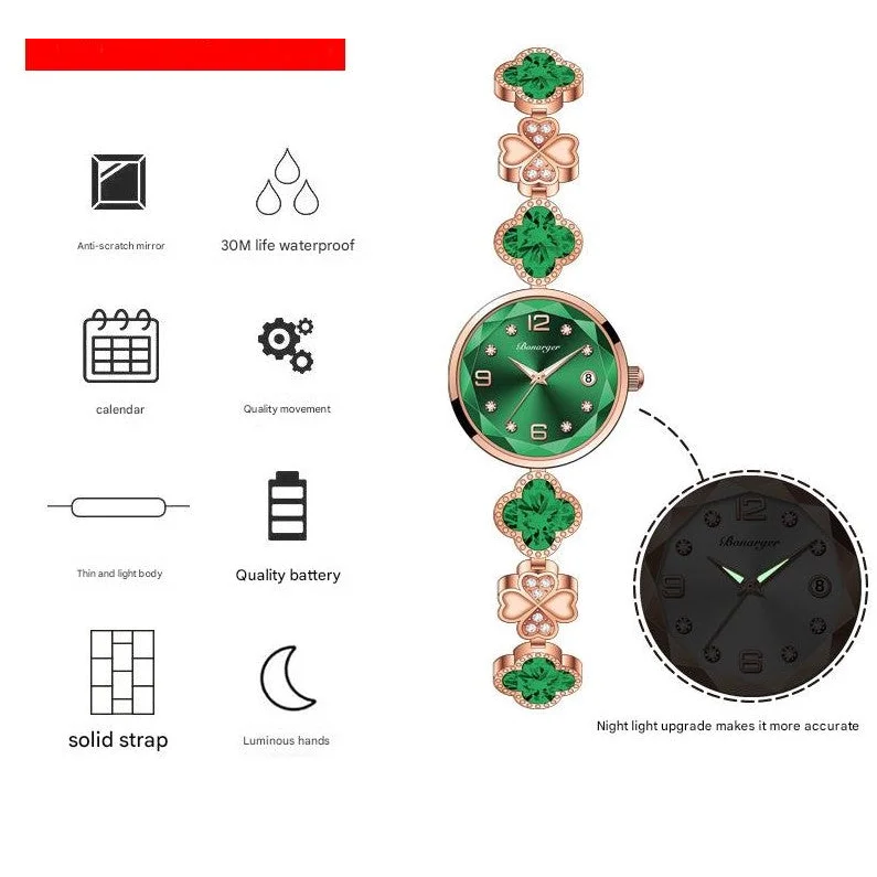 Green Women’s Four-Leaf Clover Quartz Watch with Red Dial