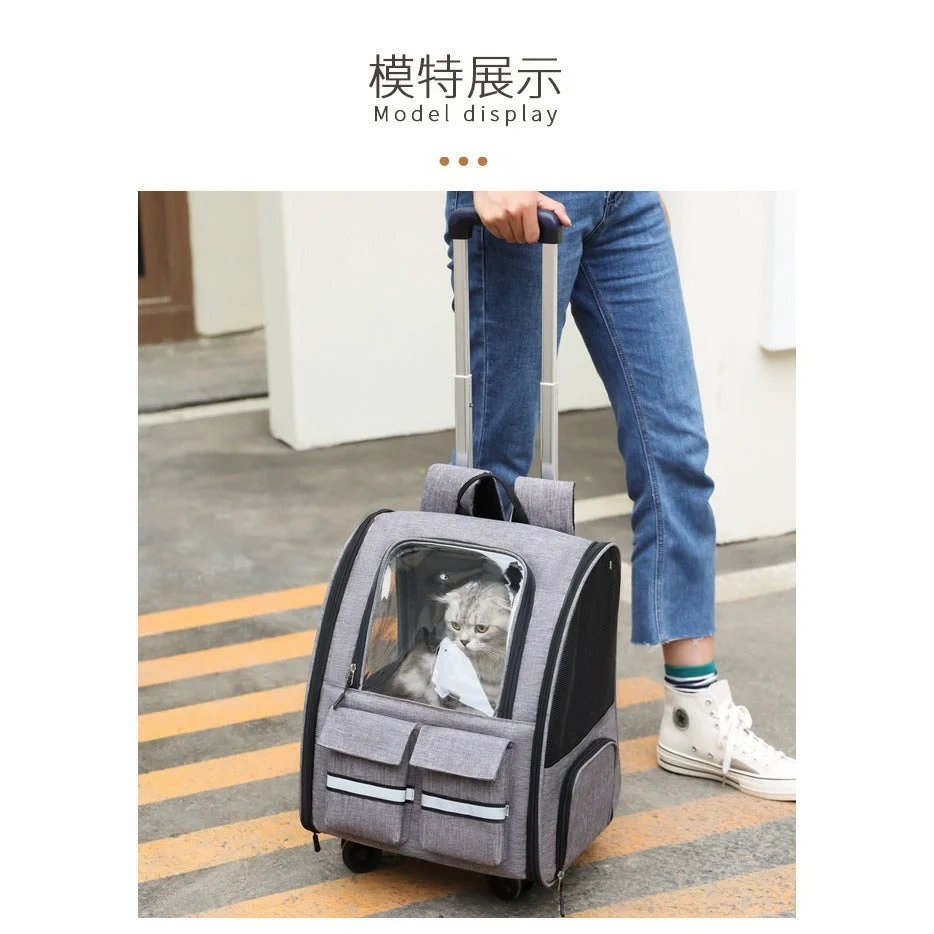 Grey 3-in-1 Pet Carrier: Rolling Backpack with Collapsible