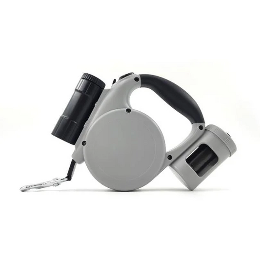 Grey 3-in-1 Retractable Dog Leash with LED Flashlight &