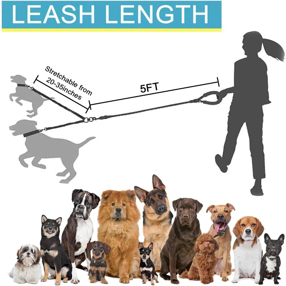 Grey 3-in-1 Tangle-Free Dog Leash for 1-3 Dogs - Heavy Duty