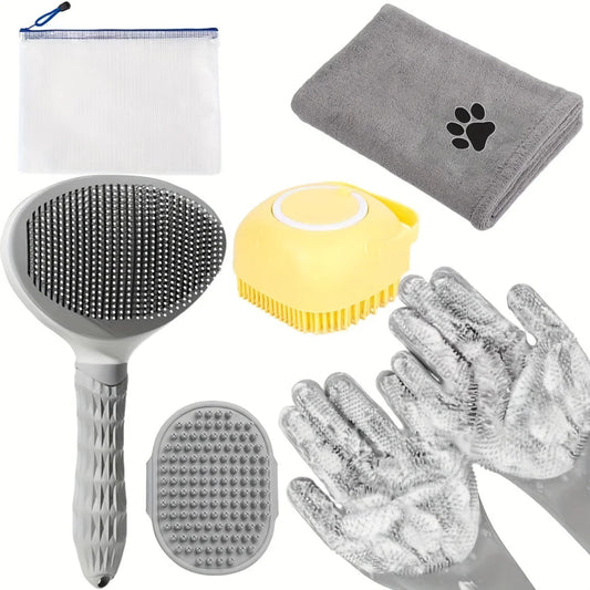 Grey 6-Piece Dog Grooming Bath Set - Absorbent Microfiber