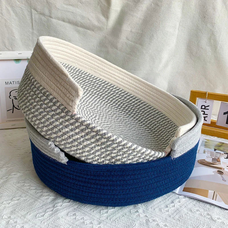 Grey and White Chic Two-Tone Woven Cotton Rope Cat Bed