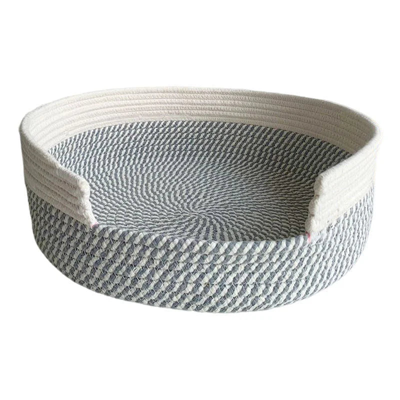 Grey and White Chic Two-Tone Woven Cotton Rope Cat Bed