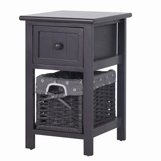 Grey Bedside Table with Wicker Basket - Furniture > Bedroom