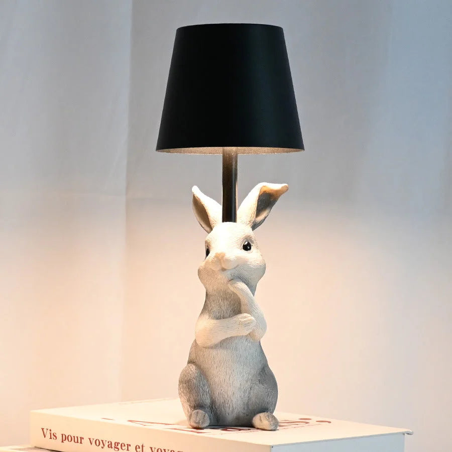 Grey Bunny Black Lampshade Adorable Rabbit Resin Table Lamp
