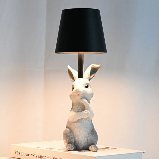 Grey Bunny Black Lampshade Adorable Rabbit Resin Table Lamp