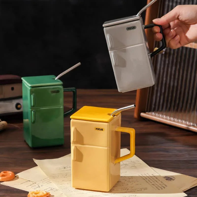 Grey Creative Retro Refrigerator Ceramic Mug with Lid