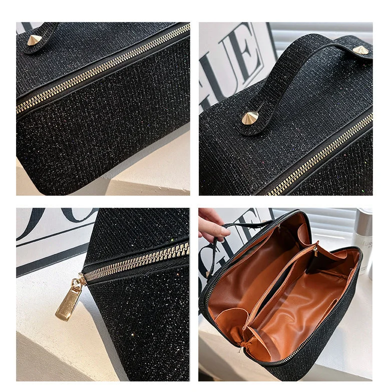 Grey Elegant Glitter Cosmetic Bag with Zipper and Handle