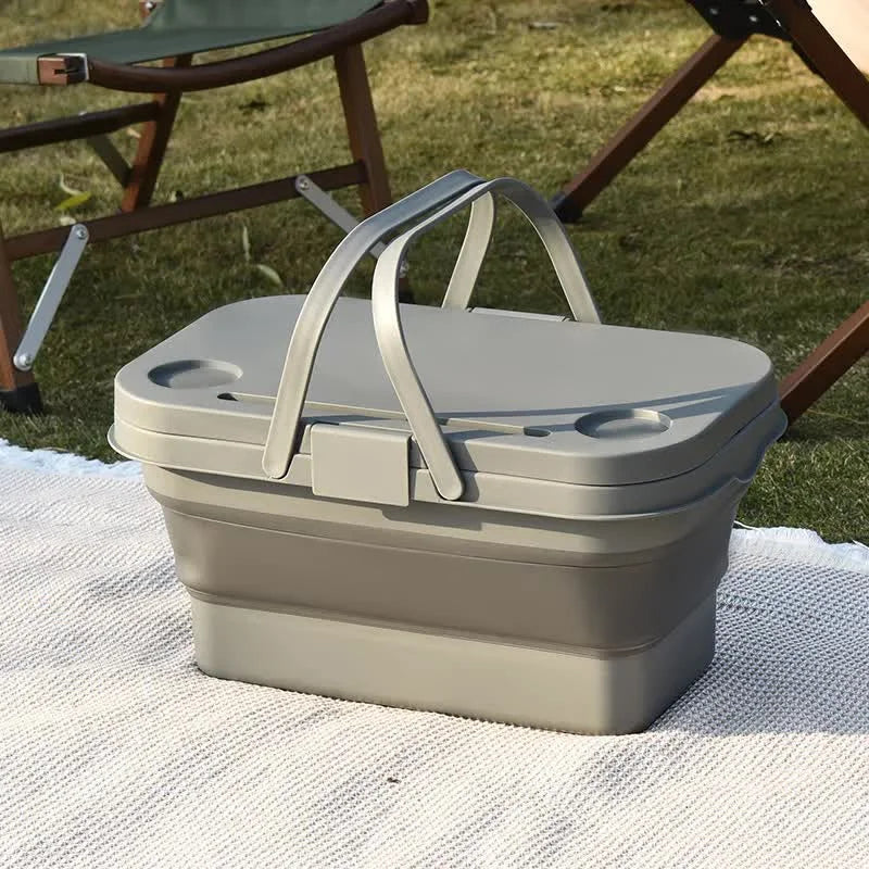 Grey Foldable Outdoor Picnic Basket with Lid and Tabletop