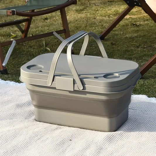 Grey Foldable Outdoor Picnic Basket with Lid and Tabletop