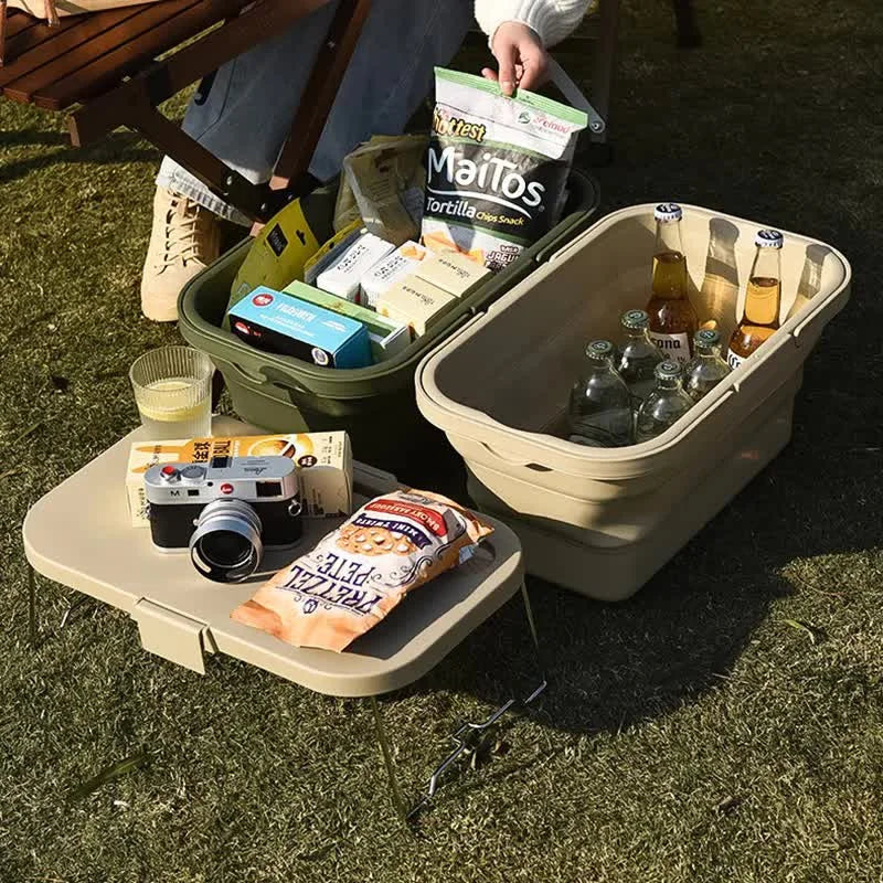 Grey Foldable Outdoor Picnic Basket with Lid and Tabletop
