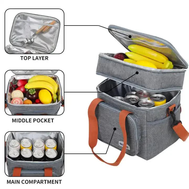 Grey Large Capacity Lunch Bag - Dual-Layer Insulated Cooler