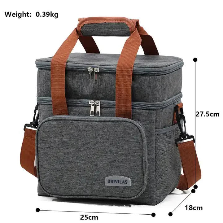 Grey Large Capacity Lunch Bag - Dual-Layer Insulated Cooler