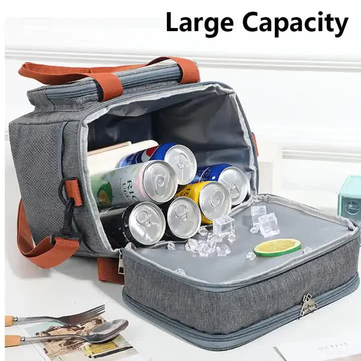 Grey Large Capacity Lunch Bag - Dual-Layer Insulated Cooler