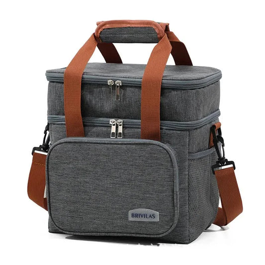 Grey Large Capacity Lunch Bag - Dual-Layer Insulated Cooler