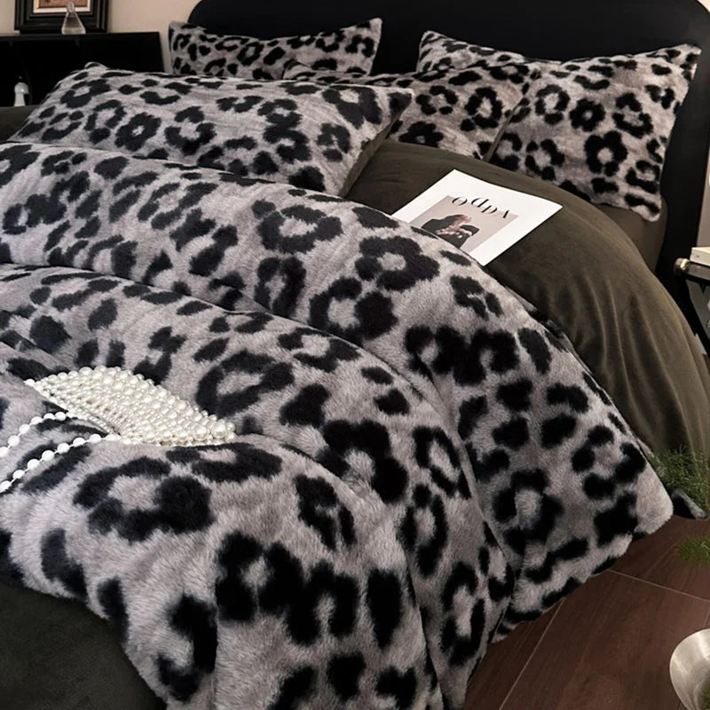 Grey leopard-print Luxury Winter Faux Rabbit Fur Bedding
