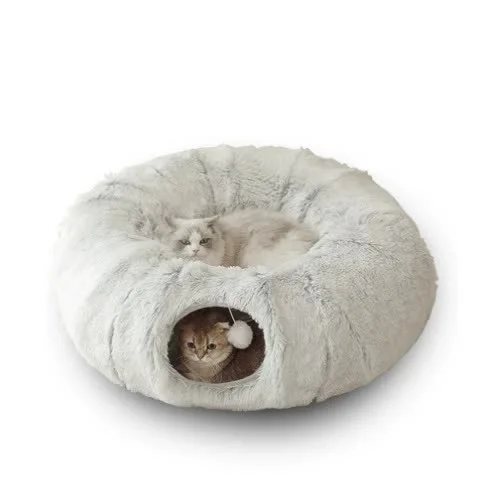 Grey Luxury Plush Cat Bed with Hidden Tunnel - Soft Round