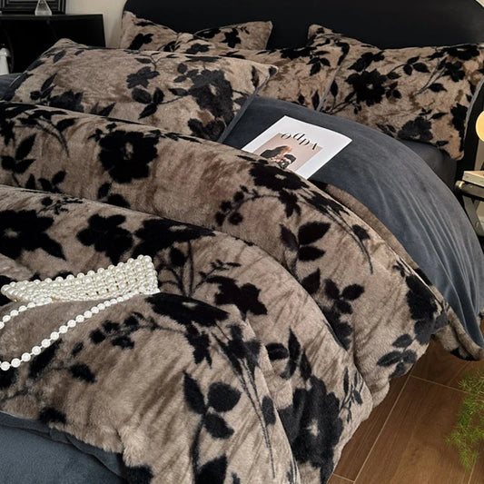 Grey Luxury Winter Faux Rabbit Fur Bedding Set - 4-Piece