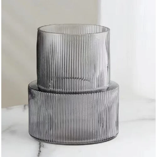 Grey Modern Two-Tier Ribbed Glass Vase - Elegant