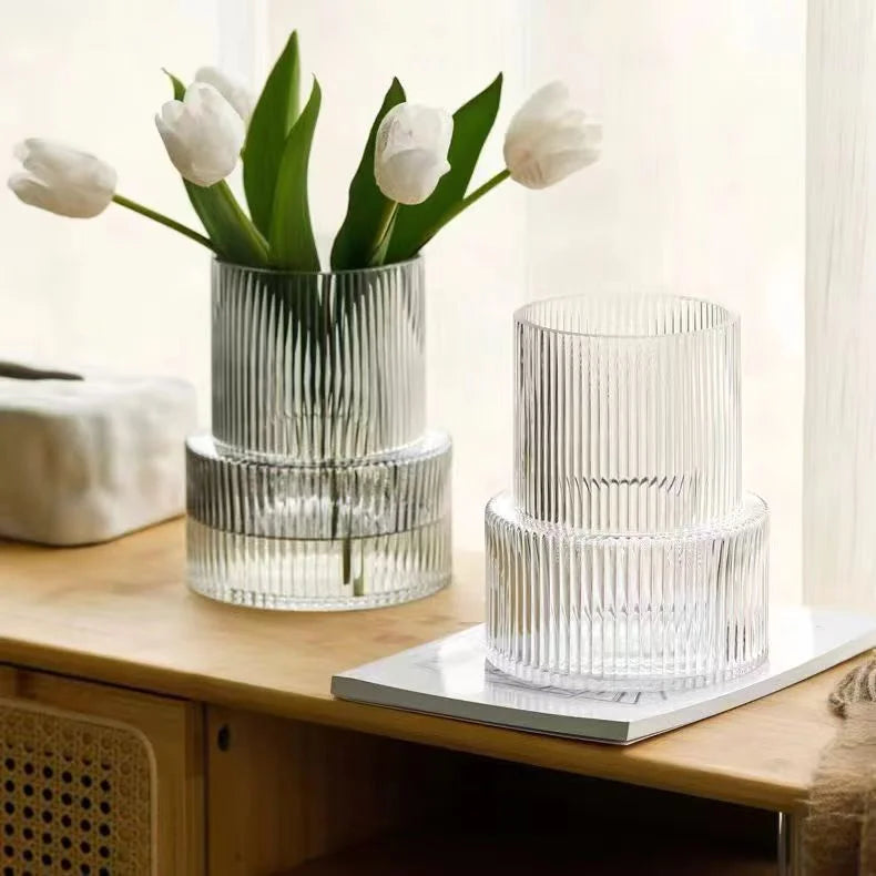 Grey Modern Two-Tier Ribbed Glass Vase - Elegant