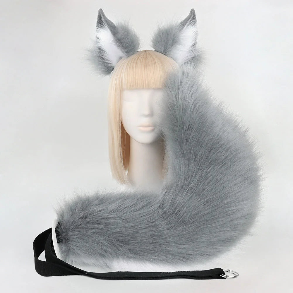 Grey Plush Faux Fur Fox Ears Headband and Tail Set