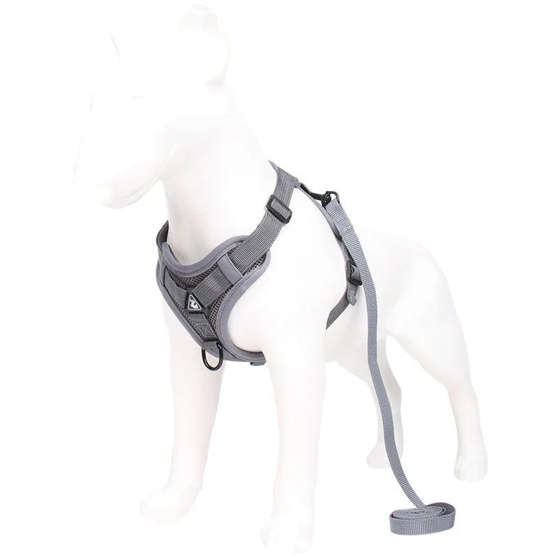 Grey Reflective Mesh Dog Harness and Leash Set - Adjustable