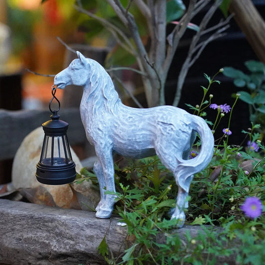Grey Solar-Powered Horse Statue with LED Lantern – Rustic