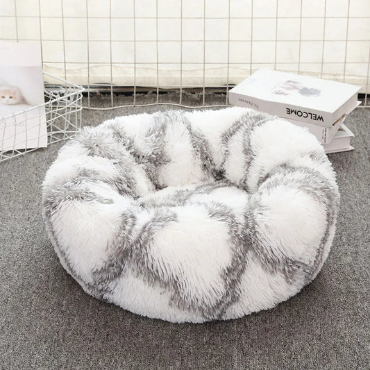 Grey-white 50cm Cozy Round Pet Bed - Plush Cat & Dog Bed
