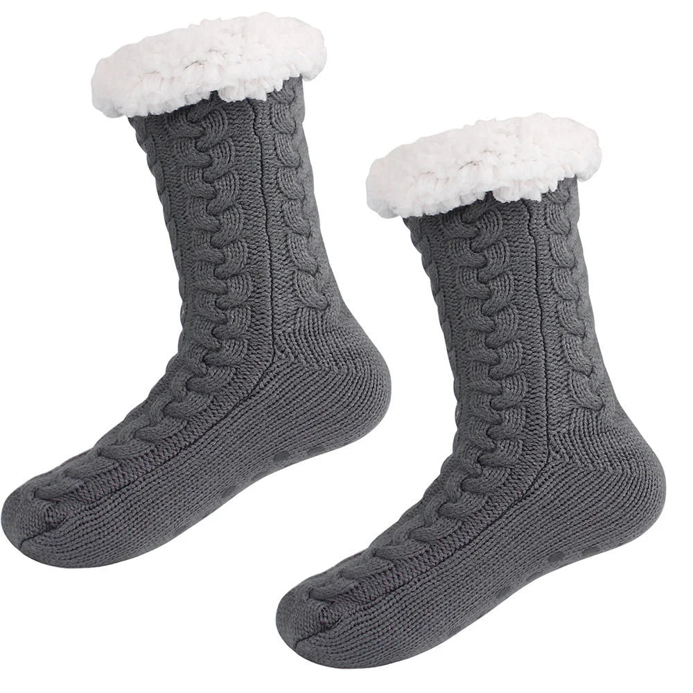 Grey Women’s Fuzzy Slipper Socks - Warm Fleece Lined