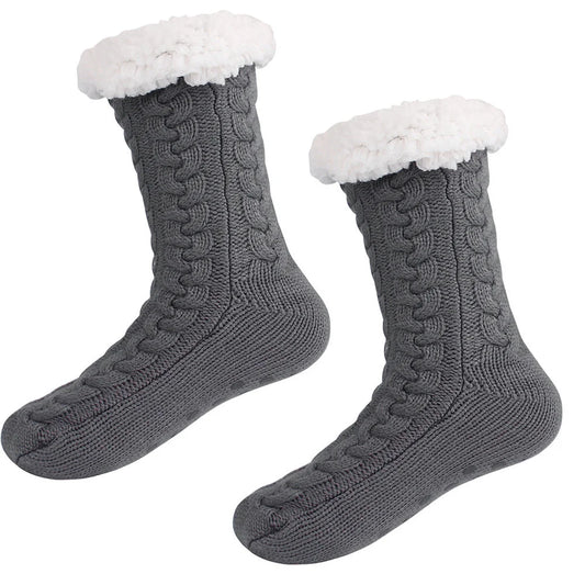 Grey Women’s Fuzzy Slipper Socks - Warm Fleece Lined
