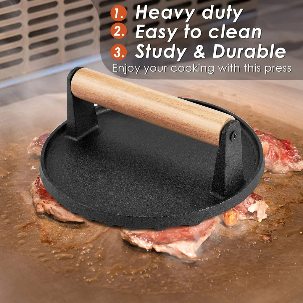 Grill Press Heavy Duty Round Cast Iron for Burger Steak